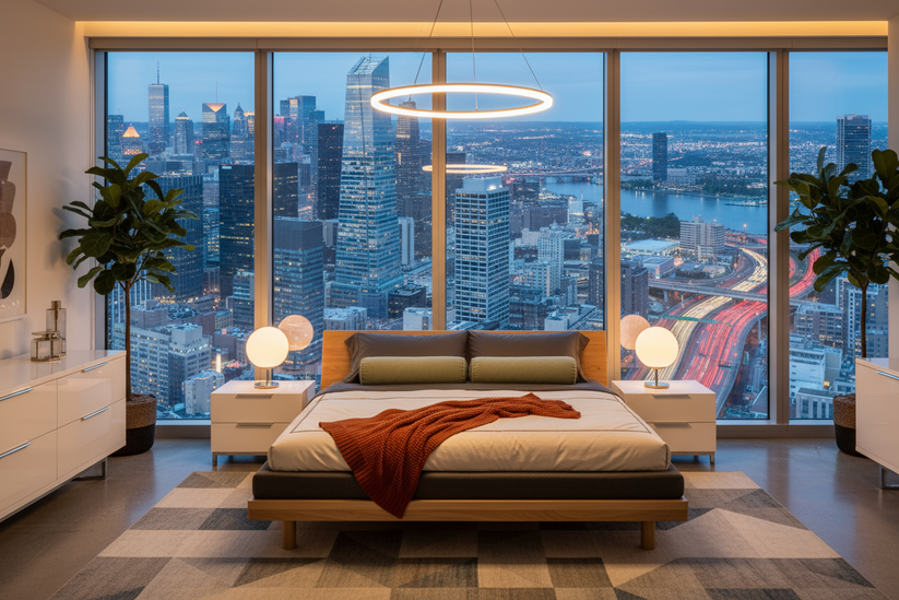 create a futon photo on bed and at the background show metro city. The bed should be in apartment bedroom